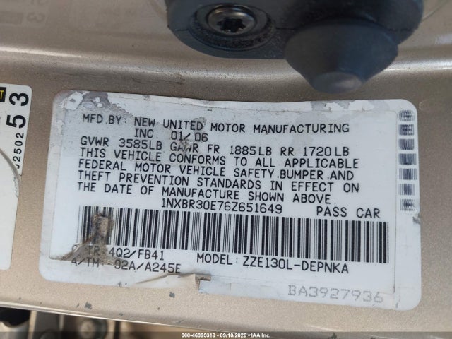 46095319 :رقم المزاد ، 1NXBR30E76Z651649 vin ، 2006 Toyota Corolla Le مزاد بيع