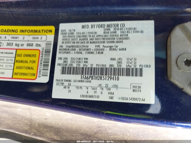 Продаж на аукціоні авто 2019 Ford Mustang Ecoboost, vin: 1FA6P8TH2K5129410, номер лоту: 46095327