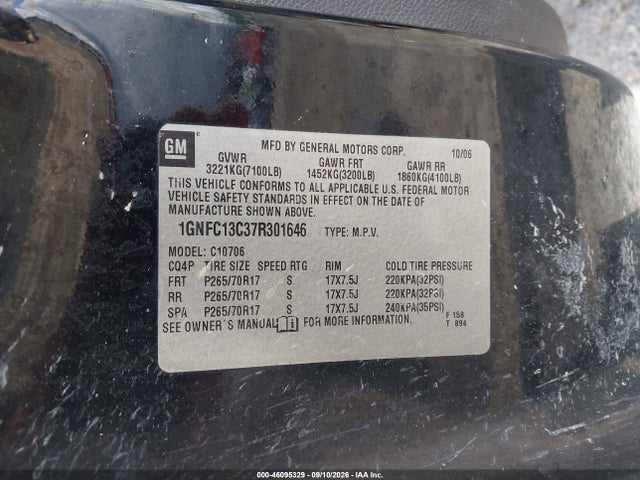 Aukcja sprzedaży 2007 Chevrolet Tahoe Ls, vin: 1GNFC13C37R301646, numer aukcji: 46095329
