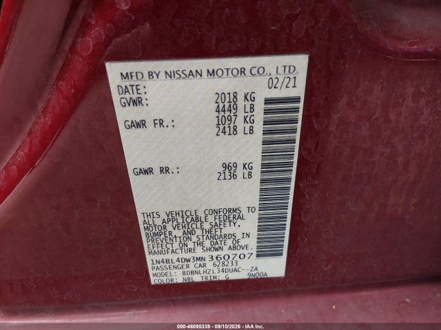 Продаж на аукціоні авто 2021 Nissan Altima Sv Intelligent Awd, vin: 1N4BL4DW3MN360707, номер лоту: 46095339