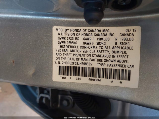 2018 Honda Civic Lx მანქანა იყიდება აუქციონზე, vin: 2HGFC2F53JH598325, აუქციონის ნომერი: 46095341