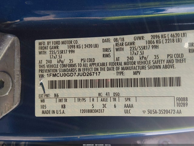 Продаж на аукціоні авто 2018 Ford Escape Se, vin: 1FMCU0GD7JUD26717, номер лоту: 46095349