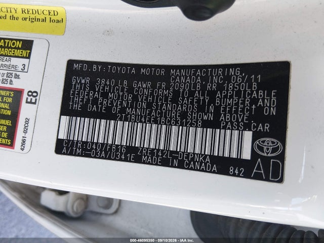 46095350 :رقم المزاد ، 2T1BU4EE1BC631258 vin ، 2011 Toyota Corolla Le مزاد بيع
