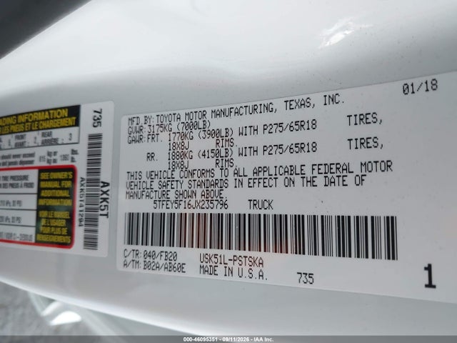 2018 Toyota Tundra Sr5 5.7l V8 მანქანა იყიდება აუქციონზე, vin: 5TFEY5F16JX235796, აუქციონის ნომერი: 46095351