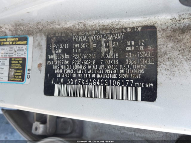 Продажа на аукционе авто 2012 Hyundai Santa Fe Limited V6, vin: 5XYZK4AG4CG106177, номер лота: 46095361