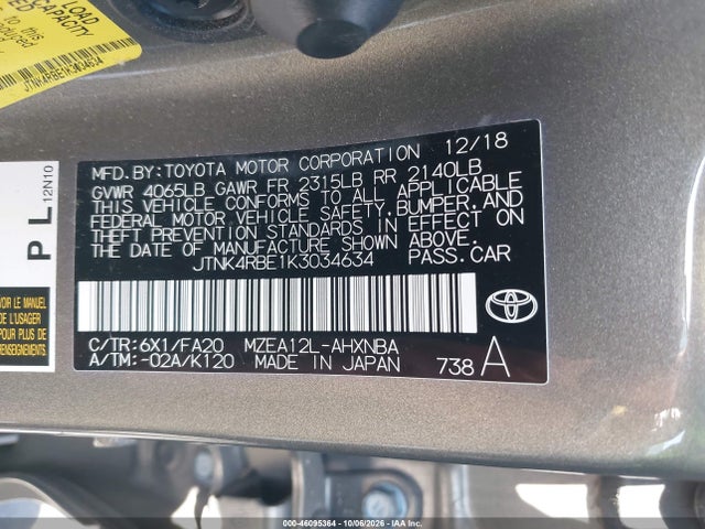 Продажа на аукционе авто 2019 Toyota Corolla Se, vin: JTNK4RBE1K3034634, номер лота: 46095364
