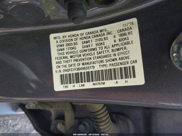 46095365 :رقم المزاد ، 2HGFC1F36HH633779 vin ، 2017 Honda Civic Ex-t مزاد بيع