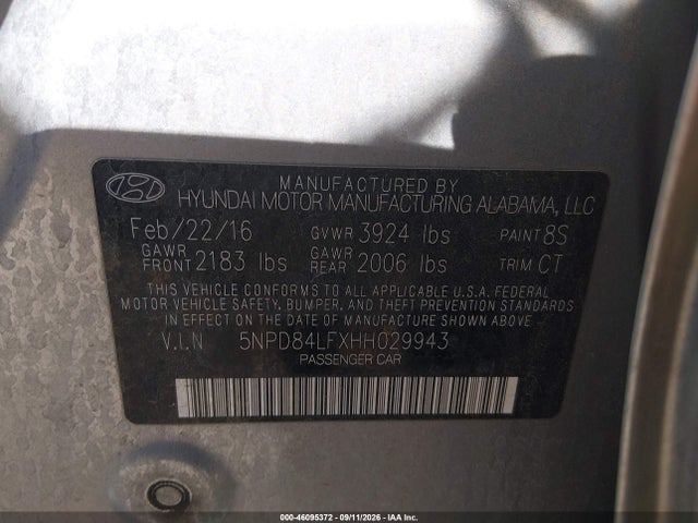 46095372 :رقم المزاد ، 5NPD84LFXHH029943 vin ، 2017 Hyundai Elantra Limited مزاد بيع