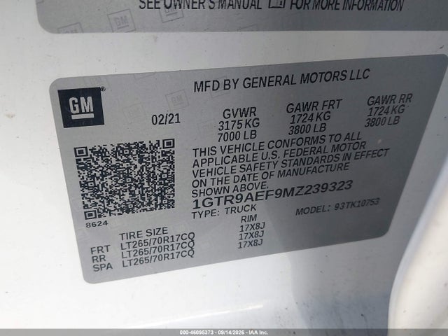 Продаж на аукціоні авто 2021 Gmc Sierra 1500 4wd  Standard Box, vin: 1GTR9AEF9MZ239323, номер лоту: 46095373