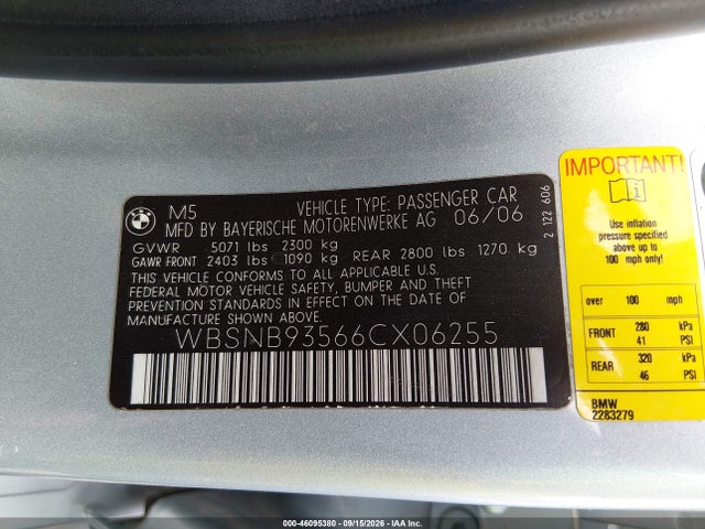 46095380 :رقم المزاد ، WBSNB93566CX06255 vin ، 2006 Bmw M5 مزاد بيع