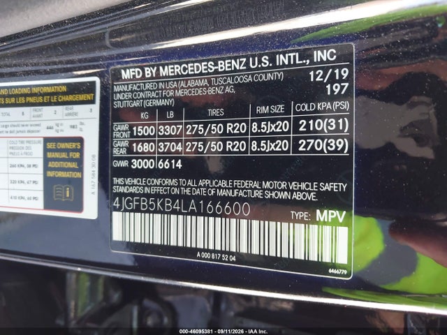 Aukcja sprzedaży 2020 Mercedes-benz Gle 450 4matic, vin: 4JGFB5KB4LA166600, numer aukcji: 46095381