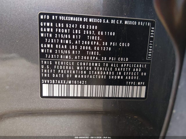 46095392 :رقم المزاد ، 3VV3B7AXXJM161421 vin ، 2018 Volkswagen Tiguan 2.0t Se/2.0t Sel مزاد بيع