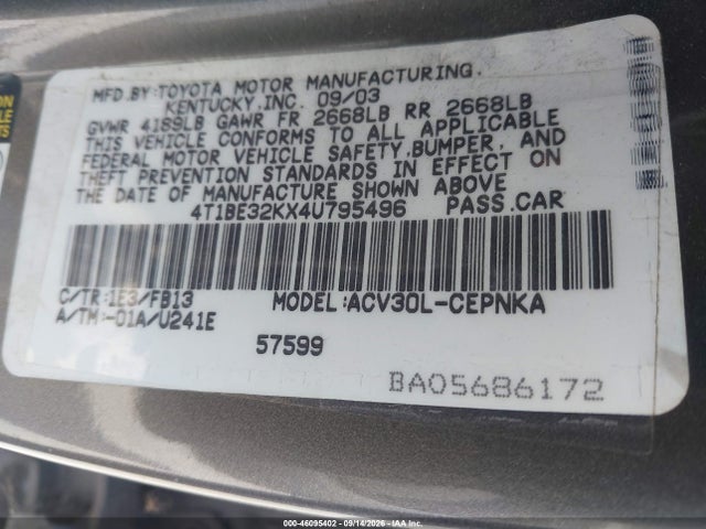 Aukcja sprzedaży 2004 Toyota Camry Le, vin: 4T1BE32KX4U795496, numer aukcji: 46095402