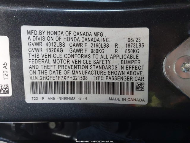 2HGFE1F7XPH321508 Honda Civic Ex/ex W/o Bsi