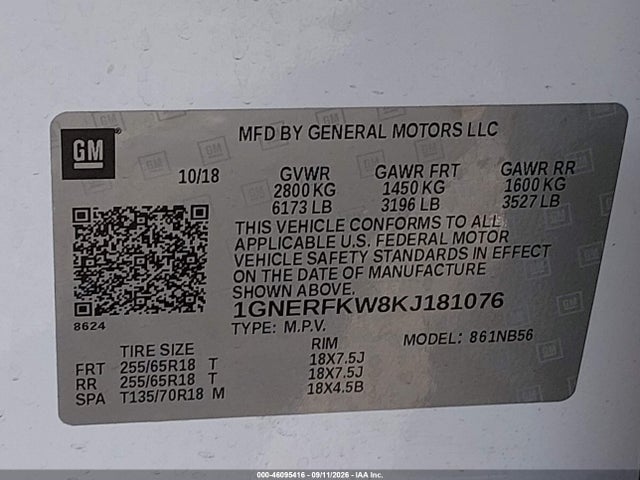 46095416 :رقم المزاد ، 1GNERFKW8KJ181076 vin ، 2019 Chevrolet Traverse Ls مزاد بيع