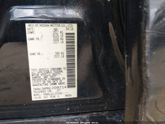 2016 Nissan Altima მანქანა იყიდება აუქციონზე, vin: 1N4AL3AP9GC209714, აუქციონის ნომერი: 46095435