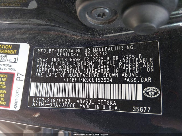 46095445 :رقم المزاد ، 4T1BF1FK9CU152924 vin ، 2012 Toyota Camry Se مزاد بيع