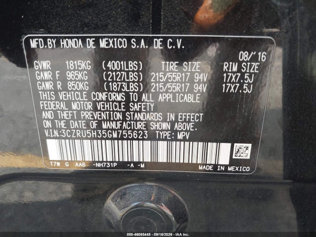 46095448 :رقم المزاد ، 3CZRU5H35GM755623 vin ، 2016 Honda Hr-v Lx مزاد بيع