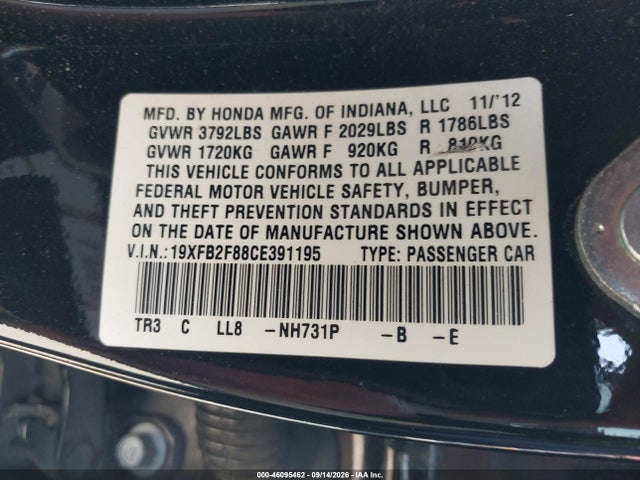 46095462 :رقم المزاد ، 19XFB2F88CE391195 vin ، 2012 Honda Civic Ex مزاد بيع