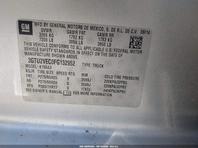 Продаж на аукціоні авто 2015 Gmc Sierra 1500 Slt, vin: 3GTU2VEC0FG132952, номер лоту: 46095463
