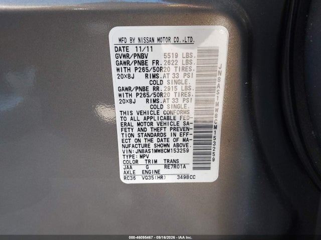 46095467 :رقم المزاد ، JN8AS1MW8CM153259 vin ، 2012 Infiniti Fx35 مزاد بيع