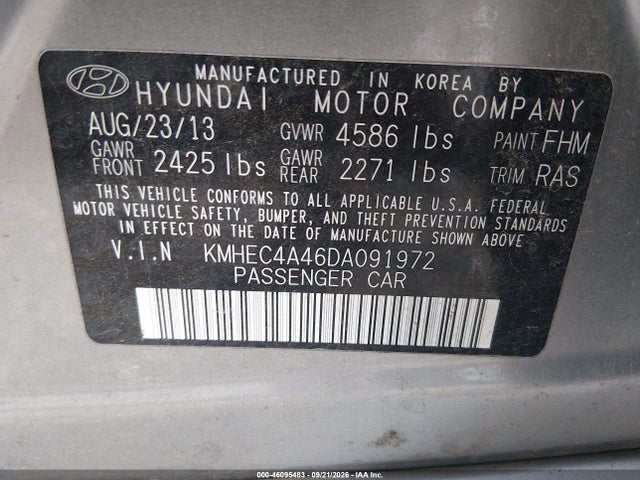 2013 Hyundai Sonata Hybrid Limited მანქანა იყიდება აუქციონზე, vin: KMHEC4A46DA091972, აუქციონის ნომერი: 46095483