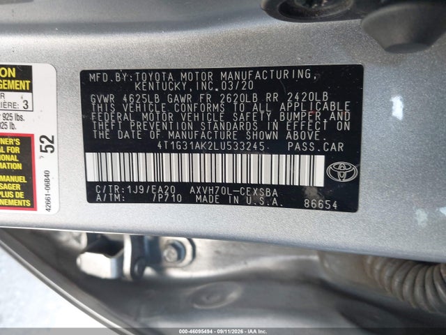Aukcja sprzedaży 2020 Toyota Camry Se Hybrid, vin: 4T1G31AK2LU533245, numer aukcji: 46095494