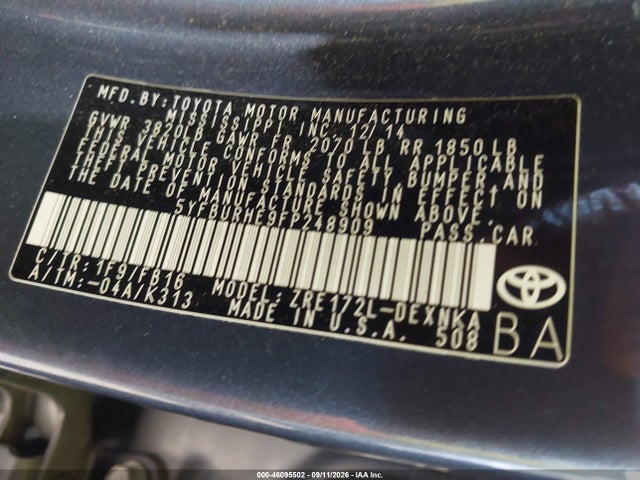 2015 Toyota Corolla Le მანქანა იყიდება აუქციონზე, vin: 5YFBURHE9FP248909, აუქციონის ნომერი: 46095502