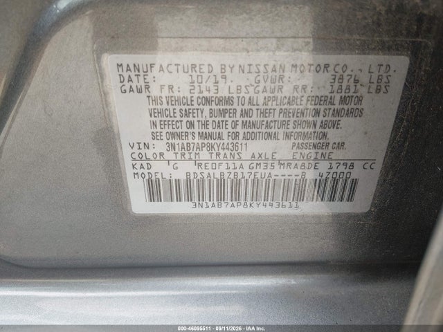 2019 Nissan Sentra S მანქანა იყიდება აუქციონზე, vin: 3N1AB7AP8KY443611, აუქციონის ნომერი: 46095511
