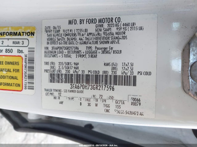 2016 Ford Fusion Se მანქანა იყიდება აუქციონზე, vin: 3FA6P0H73GR217596, აუქციონის ნომერი: 46095514