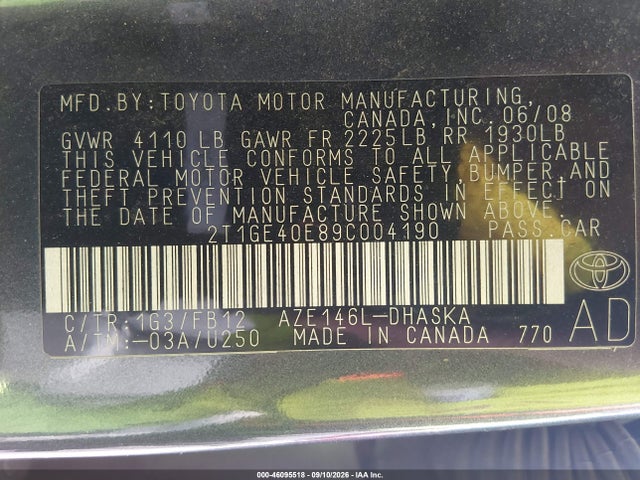 46095518 :رقم المزاد ، 2T1GE40E89C004190 vin ، 2009 Toyota Matrix Xrs مزاد بيع
