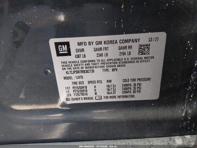 Chevrolet Trax Awd Lt 2021 KL7CJPSM7MB362739 Image 9