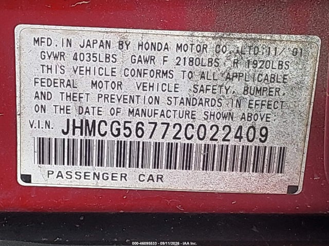 Продаж на аукціоні авто 2002 Honda Accord 2.3 Se, vin: JHMCG56772C022409, номер лоту: 46095533