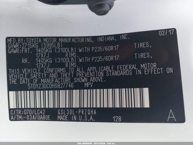 46095540 :رقم المزاد ، 5TDYZ3DC0HS827746 vin ، 2017 Toyota Sienna Xle 8 Passenger مزاد بيع