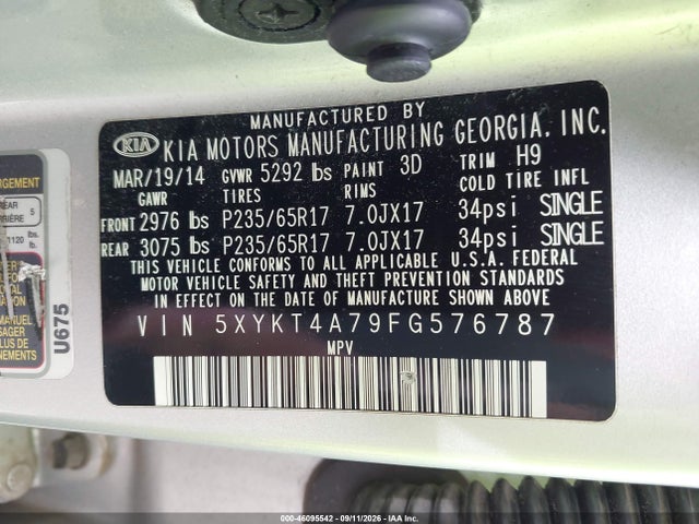 KIA Sorento Lx V6 2015 5XYKT4A79FG576787 Image 9