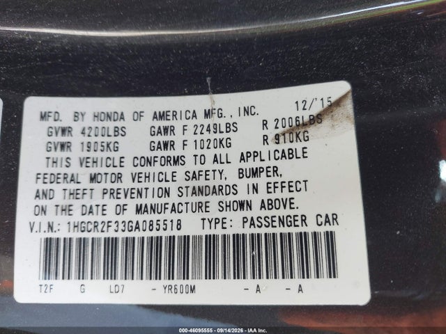 Honda ACCORD LX 2016 1HGCR2F33GA085518 Image 9