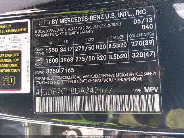 46095560 :رقم المزاد ، 4JGDF7CE8DA242577 vin ، 2013 Mercedes-benz Gl 450 4matic مزاد بيع
