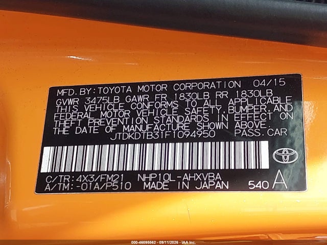 Aukcja sprzedaży 2015 Toyota Prius C Two, vin: JTDKDTB31F1094950, numer aukcji: 46095562