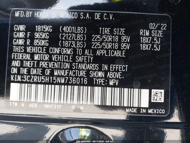 Aukcja sprzedaży 2022 Honda Hr-v 2wd Sport, vin: 3CZRU5H15NM736016, numer aukcji: 46095582