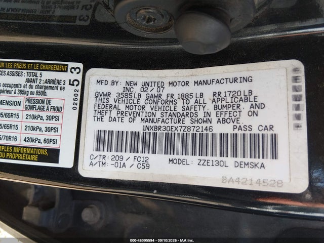 Aukcja sprzedaży 2007 Toyota Corolla S, vin: 1NXBR30EX7Z872146, numer aukcji: 46095594