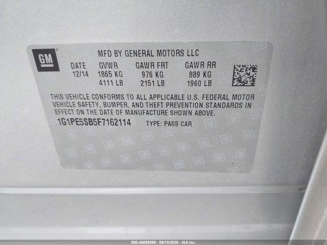 46095599 :رقم المزاد ، 1G1PE5SB5F7162114 vin ، 2015 Chevrolet Cruze 2lt Auto مزاد بيع