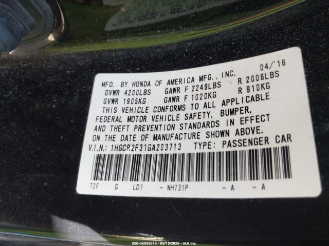 46095618 :رقم المزاد ، 1HGCR2F31GA203713 vin ، 2016 Honda Accord Lx مزاد بيع