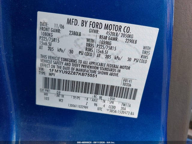 Продажа на аукционе авто 2007 Ford Escape Xls/xls Manual, vin: 1FMYU92Z87KB75551, номер лота: 46095628