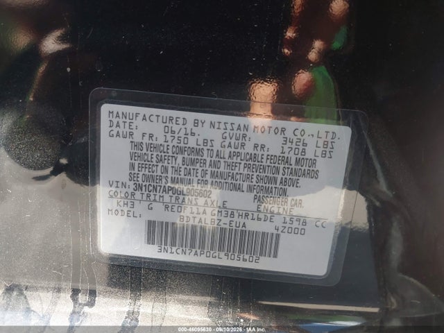 3N1CN7AP0GL905602 Nissan Versa 1.6 S/1.6 S+/1.6 Sl/1.6 Sv