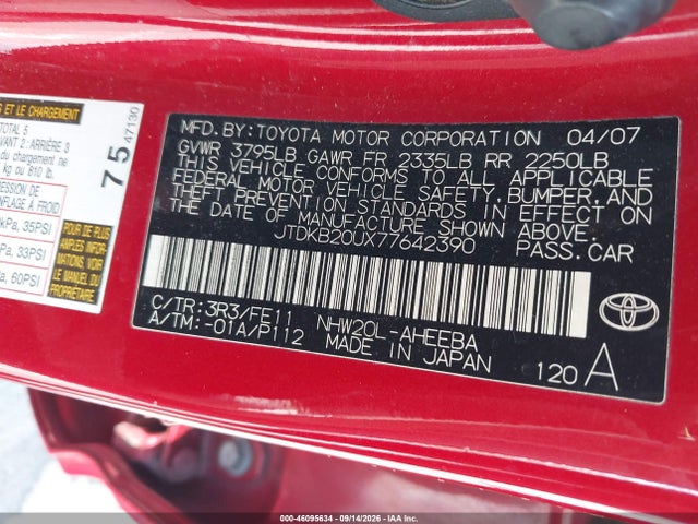 46095634 :رقم المزاد ، JTDKB20UX77642390 vin ، 2007 Toyota Prius مزاد بيع