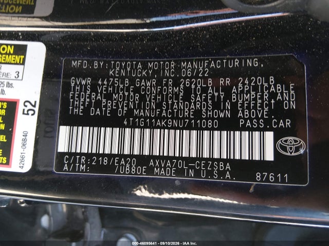 Auction sale of the 2022 Toyota Camry Se, vin: 4T1G11AK9NU711080, lot number: 46095641