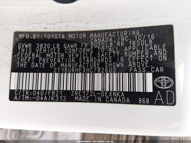 Aukcja sprzedaży 2017 Toyota Corolla Le, vin: 2T1BURHEXHC782603, numer aukcji: 46095643