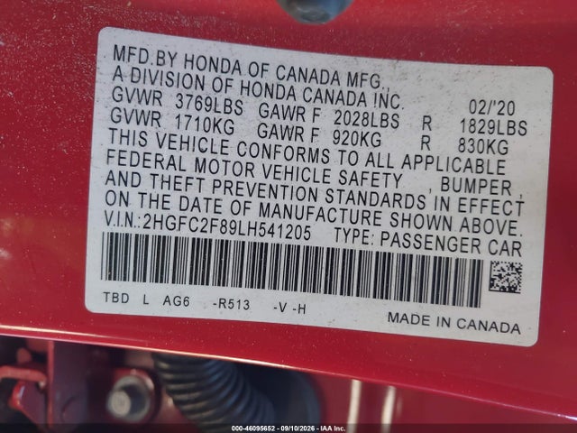 Продаж на аукціоні авто 2020 Honda Civic Sport, vin: 2HGFC2F89LH541205, номер лоту: 46095652