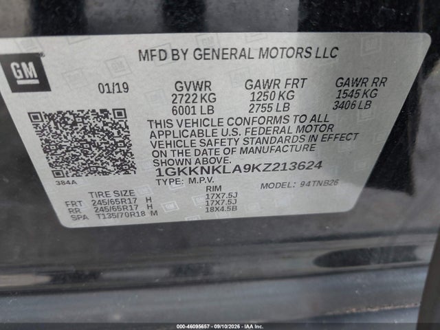 Auction sale of the 2019 Gmc Acadia Sle-1, vin: 1GKKNKLA9KZ213624, lot number: 46095657