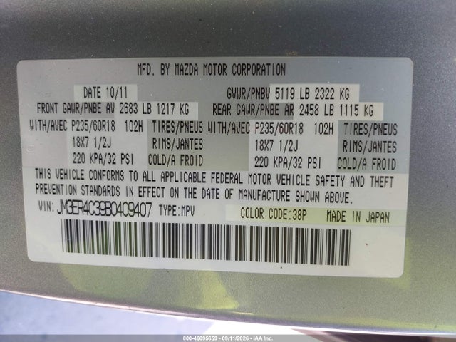 Aukcja sprzedaży 2011 Mazda Cx-7 S Touring, vin: JM3ER4C39B0409407, numer aukcji: 46095659